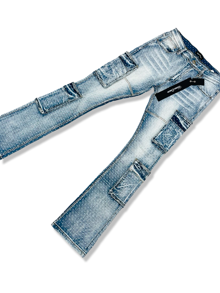 Vicious Denim Distressed Dotted Cargo Stacked Ice Blue