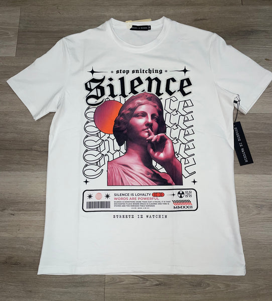 Streetz Iz Watchin “SILENCE” Shirt (white/pink)
