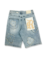 REBEL DENIM FLORAL SHORT IN MEDIUM INDIGO