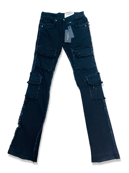 FWRD DENIM DISTRESSED CARGO STACKED IN JET BLACK