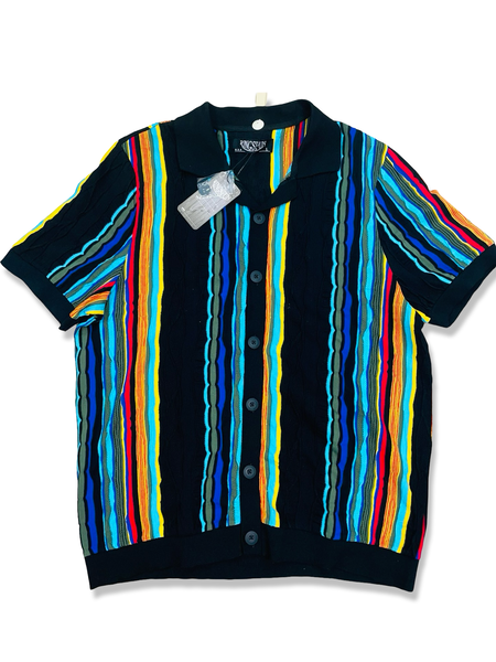 KING SPUN STRIPED BUTTON UP POLO SHIRT IN BLACK
